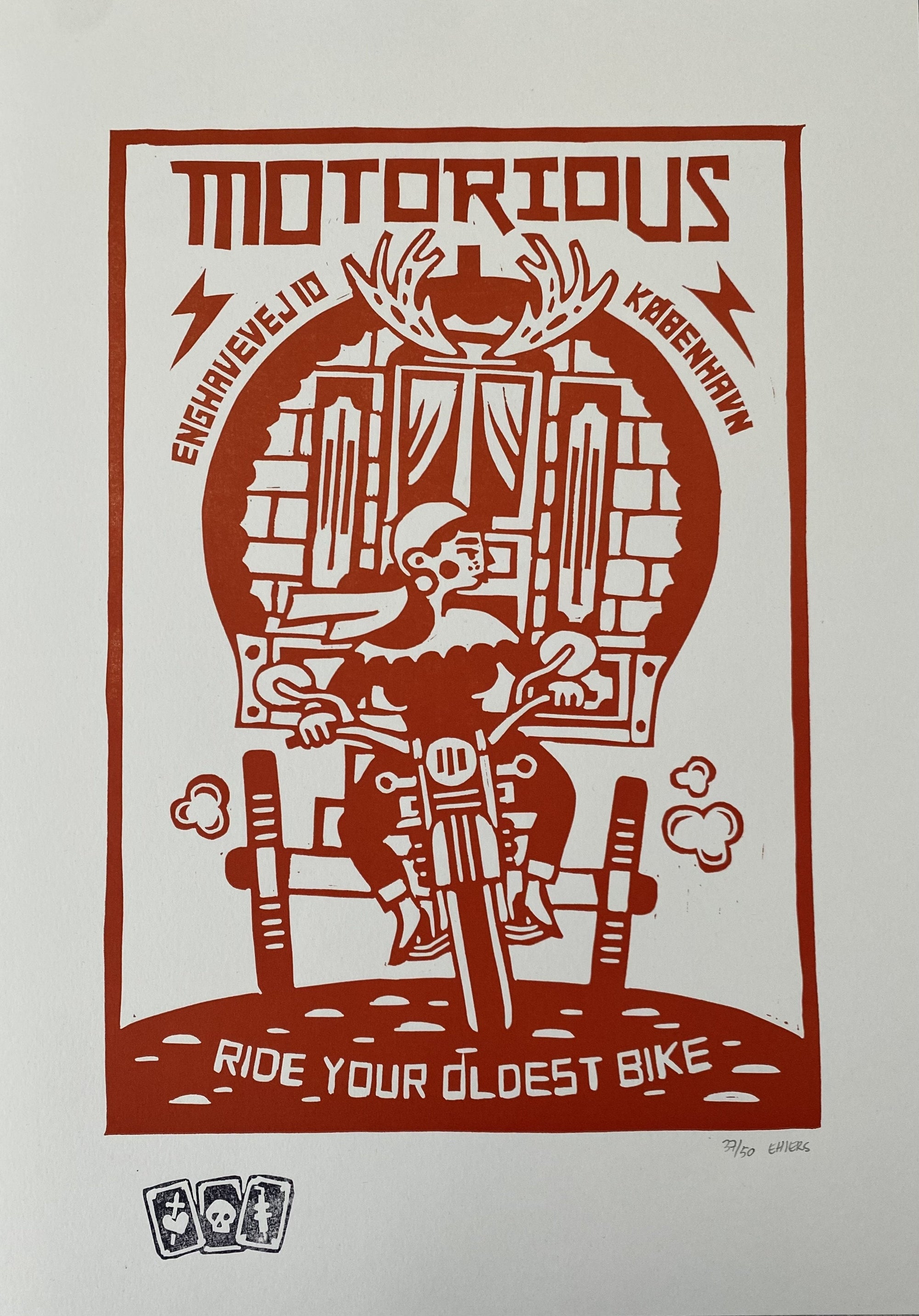 2017 Motorious lino-cut by Mette Ehlers, A3 oversize, Red-Linoleumstryk og Plakater-Motorious Copenhagen-Motorious Copenhagen
