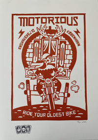 2017 Motorious lino-cut by Mette Ehlers, A3 oversize, Red-Linoleumstryk og Plakater-Motorious Copenhagen-Motorious Copenhagen