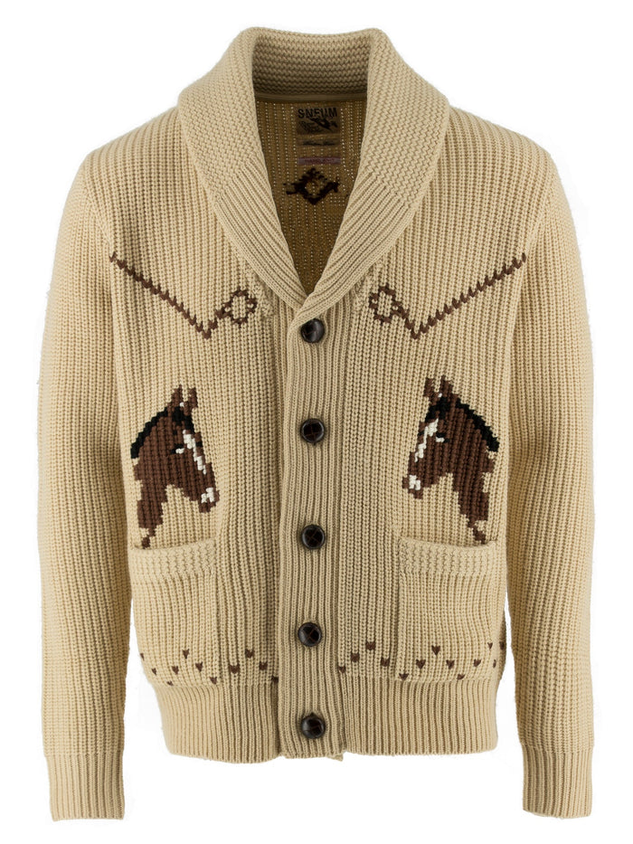 Cowichan Hand Knitted Cardigan w/ Bronc Motifs, Beige/Brown-Sweatshirts-Sneum-Motorious Copenhagen