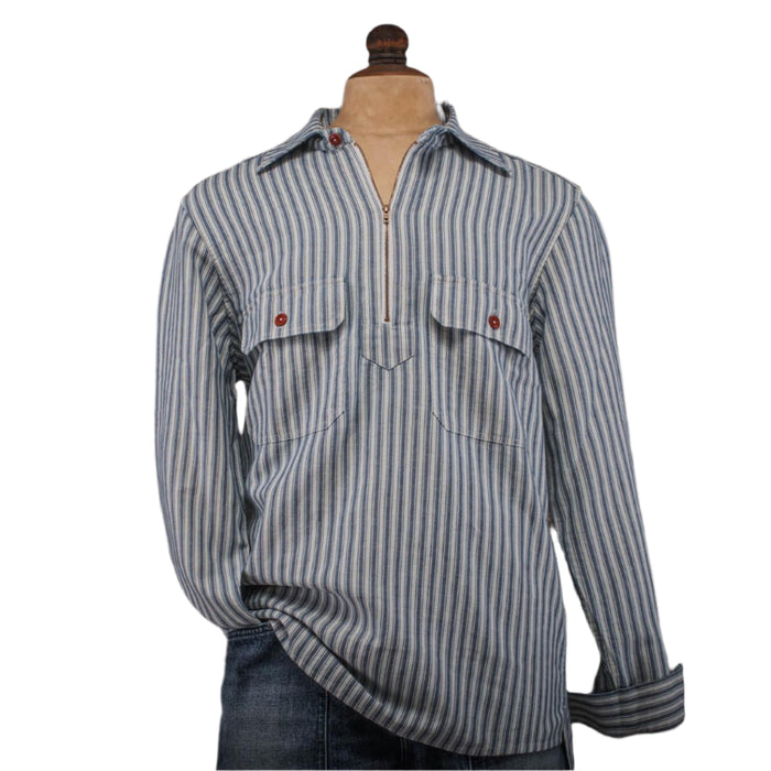 Worker Zip Shirt, Indigo/White Stripes-Skjorter-Fleurs de Bagne-Motorious Copenhagen