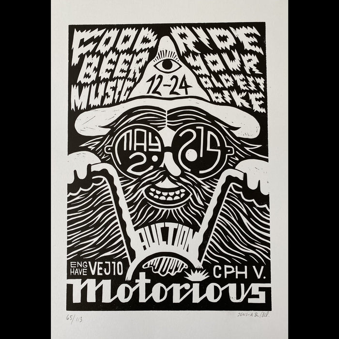 2015 Motorious lino-cut by Miss Lotion, A3 oversize, Black on White-Linoleumstryk og Plakater-Motorious Copenhagen-Motorious Copenhagen