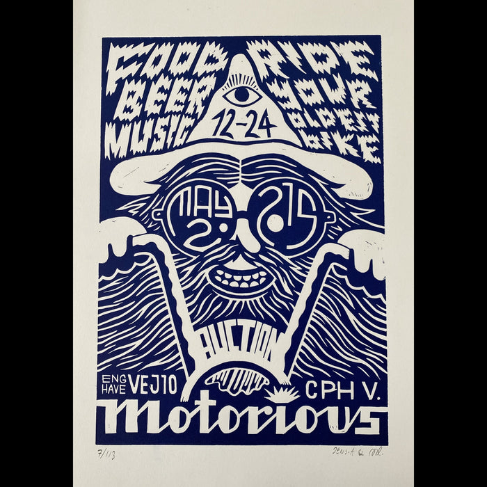 2015 Motorious lino-cut by Miss Lotion, A3 oversize, Blue on White-Linoleumstryk og Plakater-Motorious Copenhagen-Motorious Copenhagen