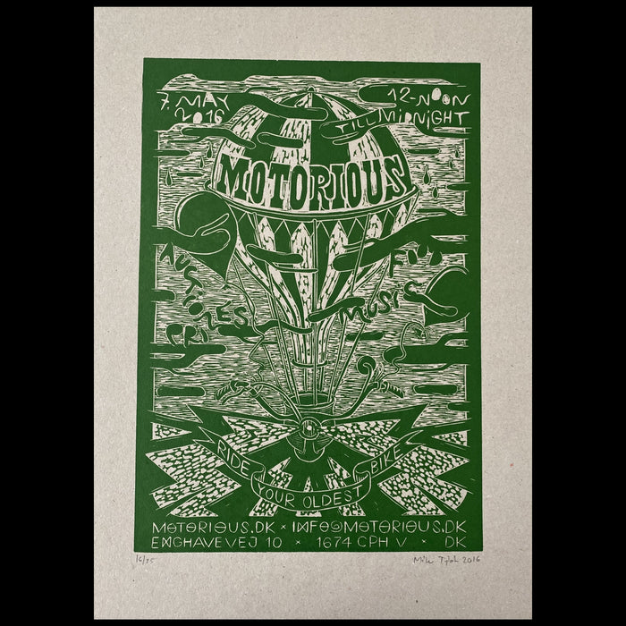 2016 Motorious lino-cut by Mike Tylak, A3 oversize, Green on Eco-Linoleumstryk og Plakater-Motorious Copenhagen-Motorious Copenhagen