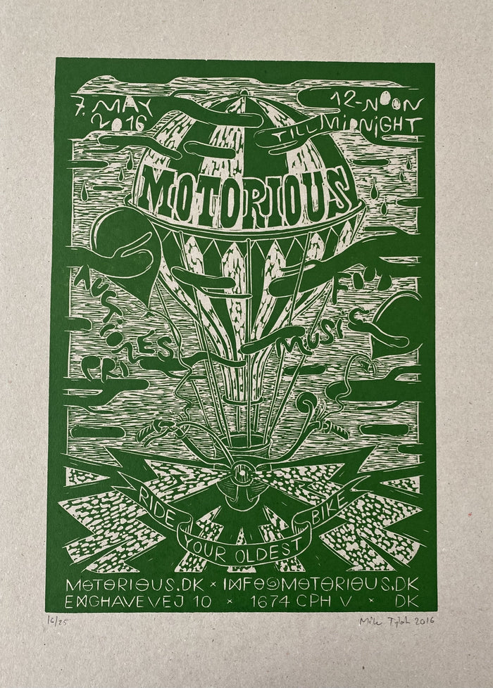 2016 Motorious lino-cut by Mike Tylak, A3 oversize, Green on Eco-Linoleumstryk og Plakater-Motorious Copenhagen-Motorious Copenhagen