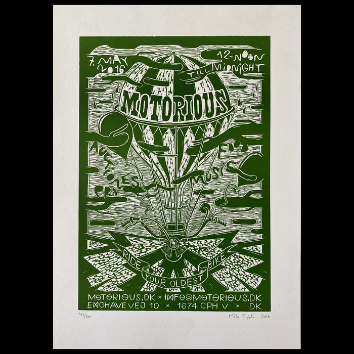 2016 Motorious lino-cut by Mike Tylak, A3 oversize, Green on White-Linoleumstryk og Plakater-Motorious Copenhagen-Motorious Copenhagen