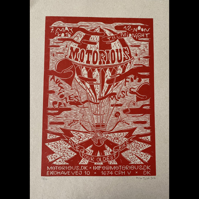 2016 Motorious lino-cut by Mike Tylak, A3 oversize, Red on Eco-Linoleumstryk og Plakater-Motorious Copenhagen-Motorious Copenhagen