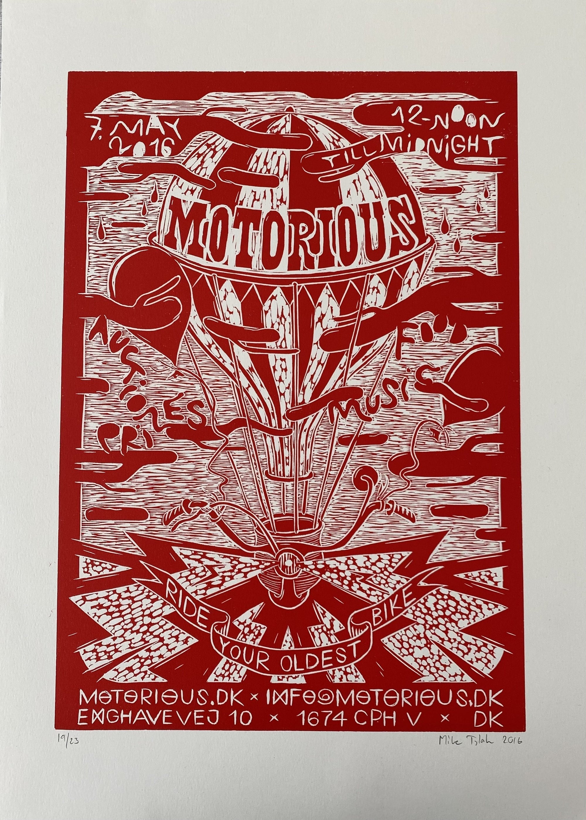 2016 Motorious lino-cut by Mike Tylak, A3 oversize, Red on Off-white-Linoleumstryk og Plakater-Motorious Copenhagen-Motorious Copenhagen