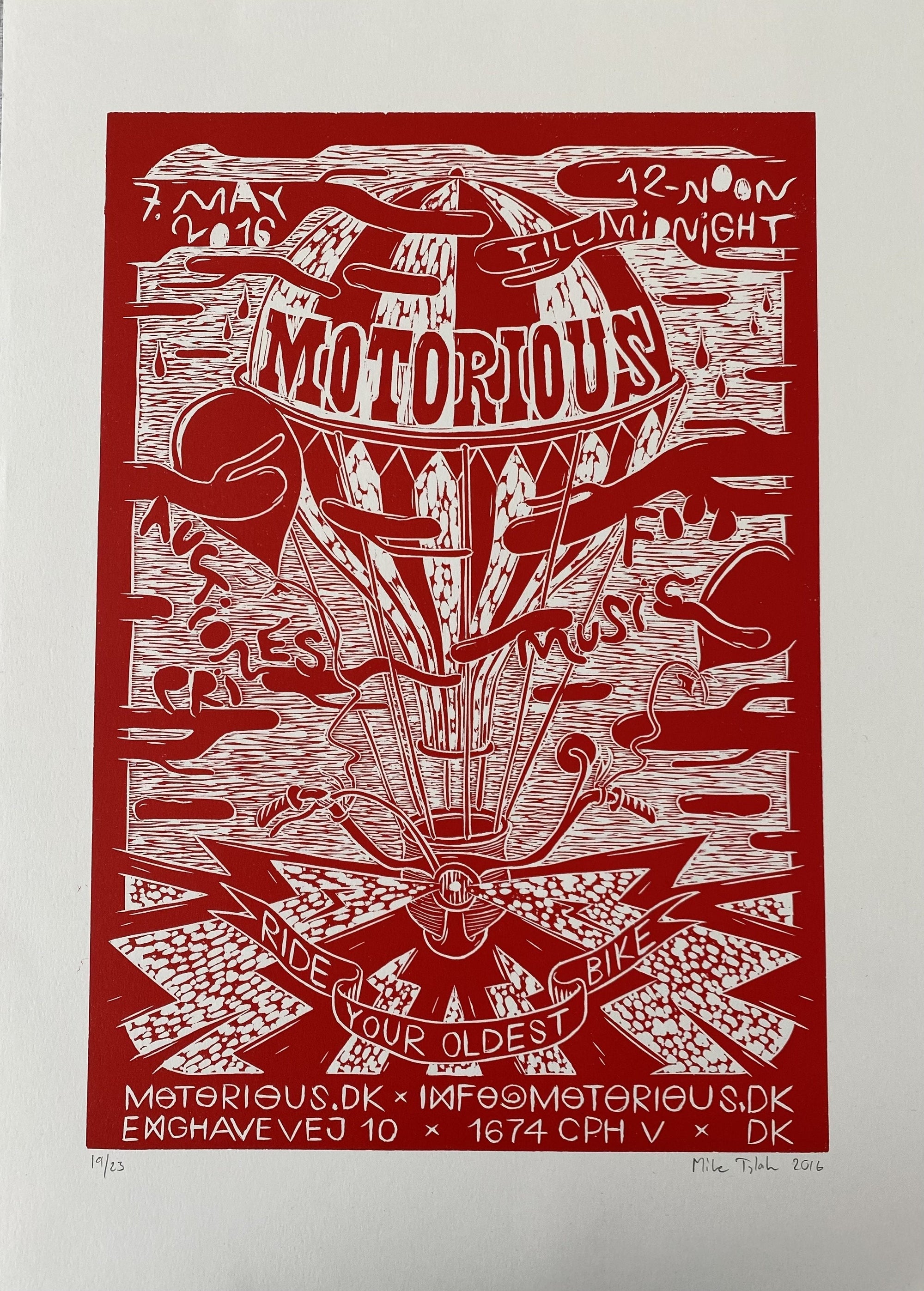 2016 Motorious lino-cut by Mike Tylak, A3 oversize, Red on Off-white-Linoleumstryk og Plakater-Motorious Copenhagen-Motorious Copenhagen