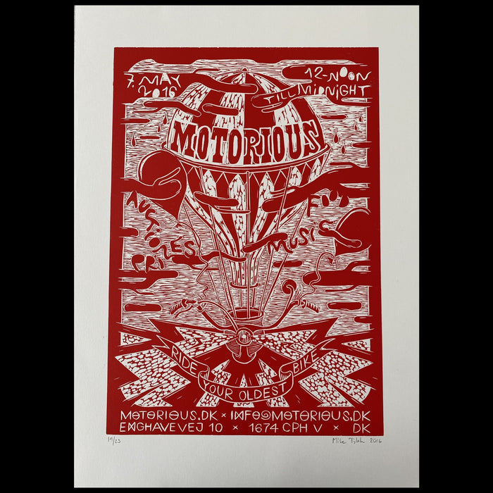 2016 Motorious lino-cut by Mike Tylak, A3 oversize, Red on Off-white-Linoleumstryk og Plakater-Motorious Copenhagen-Motorious Copenhagen