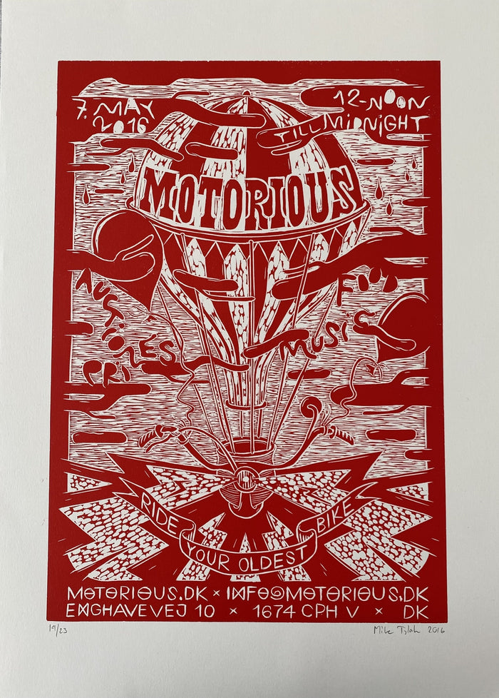 2016 Motorious lino-cut by Mike Tylak, A3 oversize, Red on Off-white-Linoleumstryk og Plakater-Motorious Copenhagen-Motorious Copenhagen