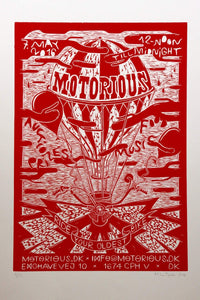 2016 Motorious lino-cut by Mike Tylak, A3 oversize, Red on White-Linoleumstryk og Plakater-Motorious Copenhagen-Motorious Copenhagen