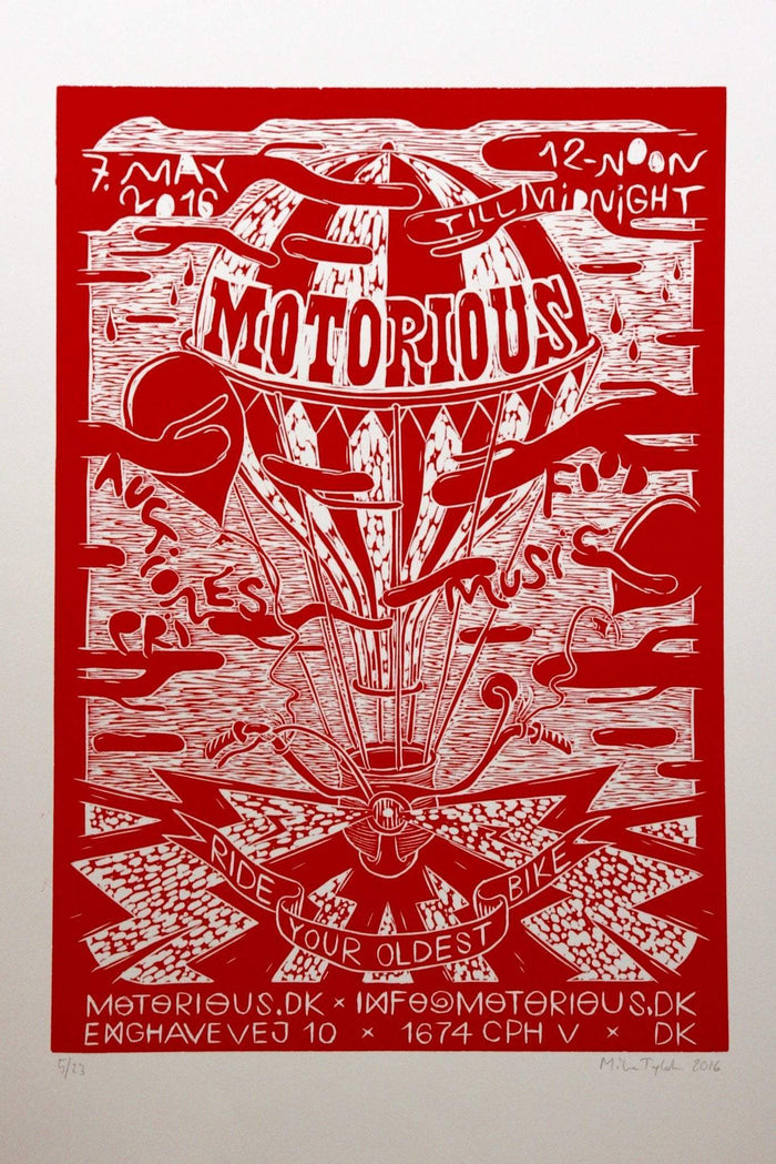 2016 Motorious lino-cut by Mike Tylak, A3 oversize, Red on White-Linoleumstryk og Plakater-Motorious Copenhagen-Motorious Copenhagen