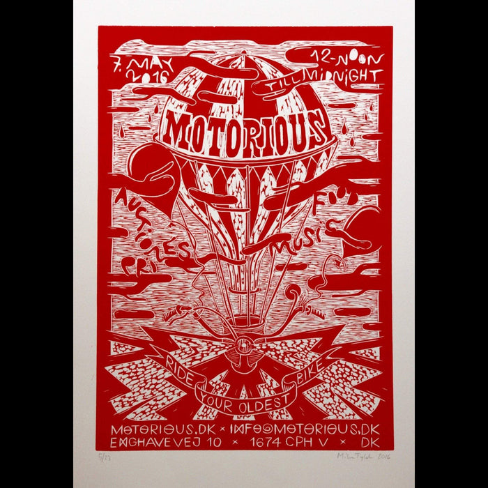 2016 Motorious lino-cut by Mike Tylak, A3 oversize, Red on White-Linoleumstryk og Plakater-Motorious Copenhagen-Motorious Copenhagen