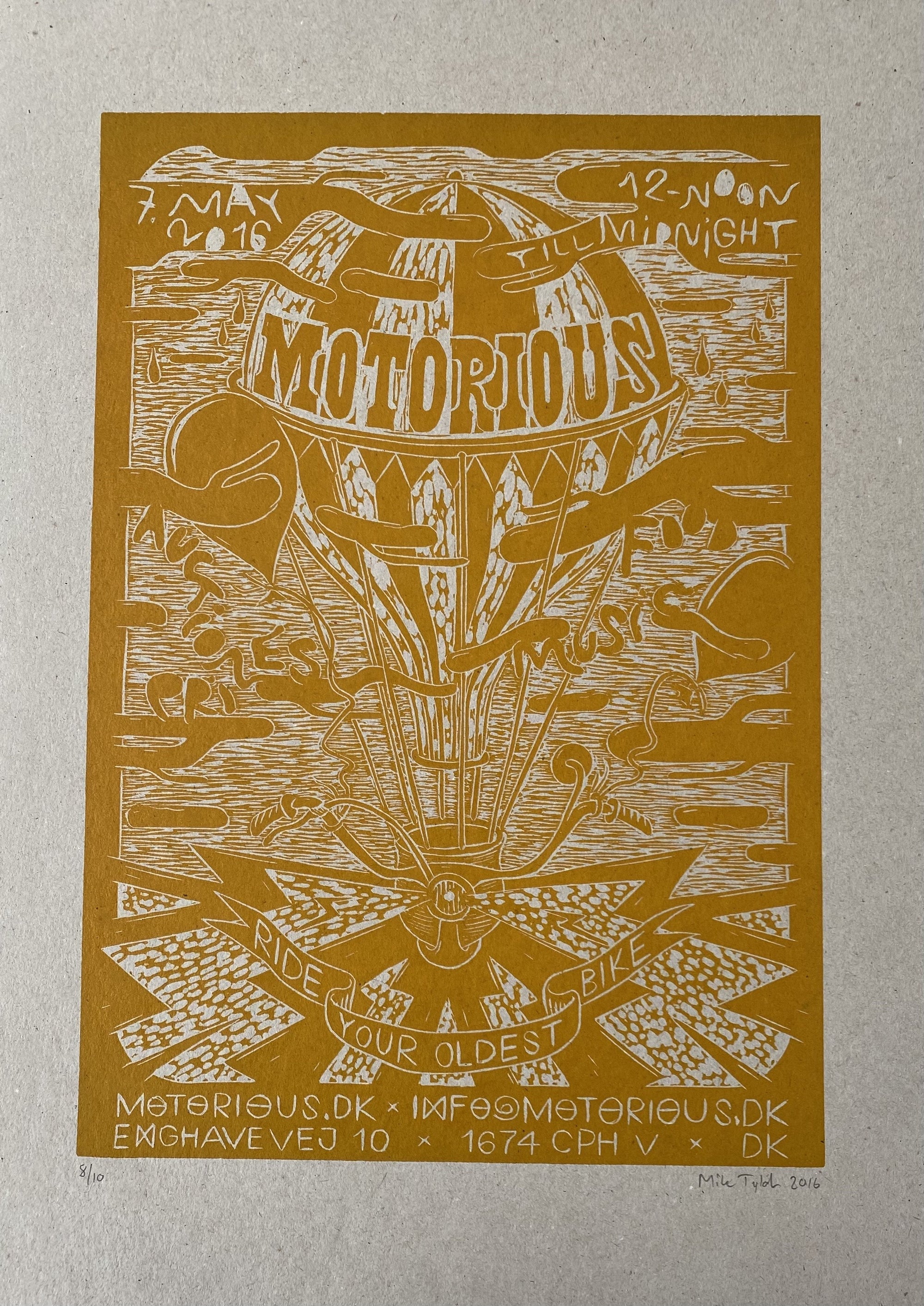 2016 Motorious lino-cut by Mike Tylak, A3 oversize, Yellow on Eco-Linoleumstryk og Plakater-Motorious Copenhagen-Motorious Copenhagen