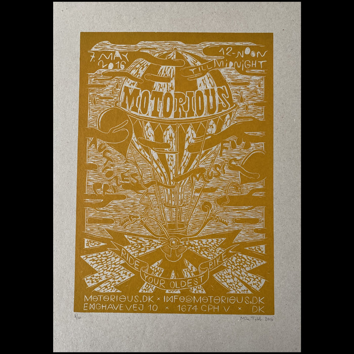 2016 Motorious lino-cut by Mike Tylak, A3 oversize, Yellow on Eco-Linoleumstryk og Plakater-Motorious Copenhagen-Motorious Copenhagen