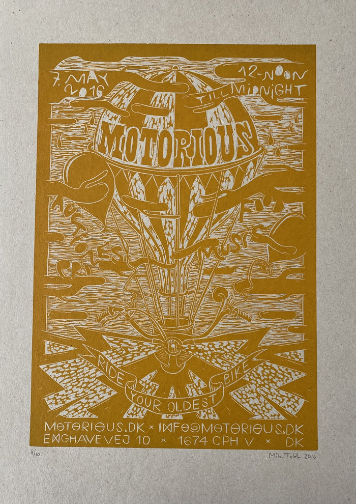 2016 Motorious lino-cut by Mike Tylak, A3 oversize, Yellow on Eco-Linoleumstryk og Plakater-Motorious Copenhagen-Motorious Copenhagen