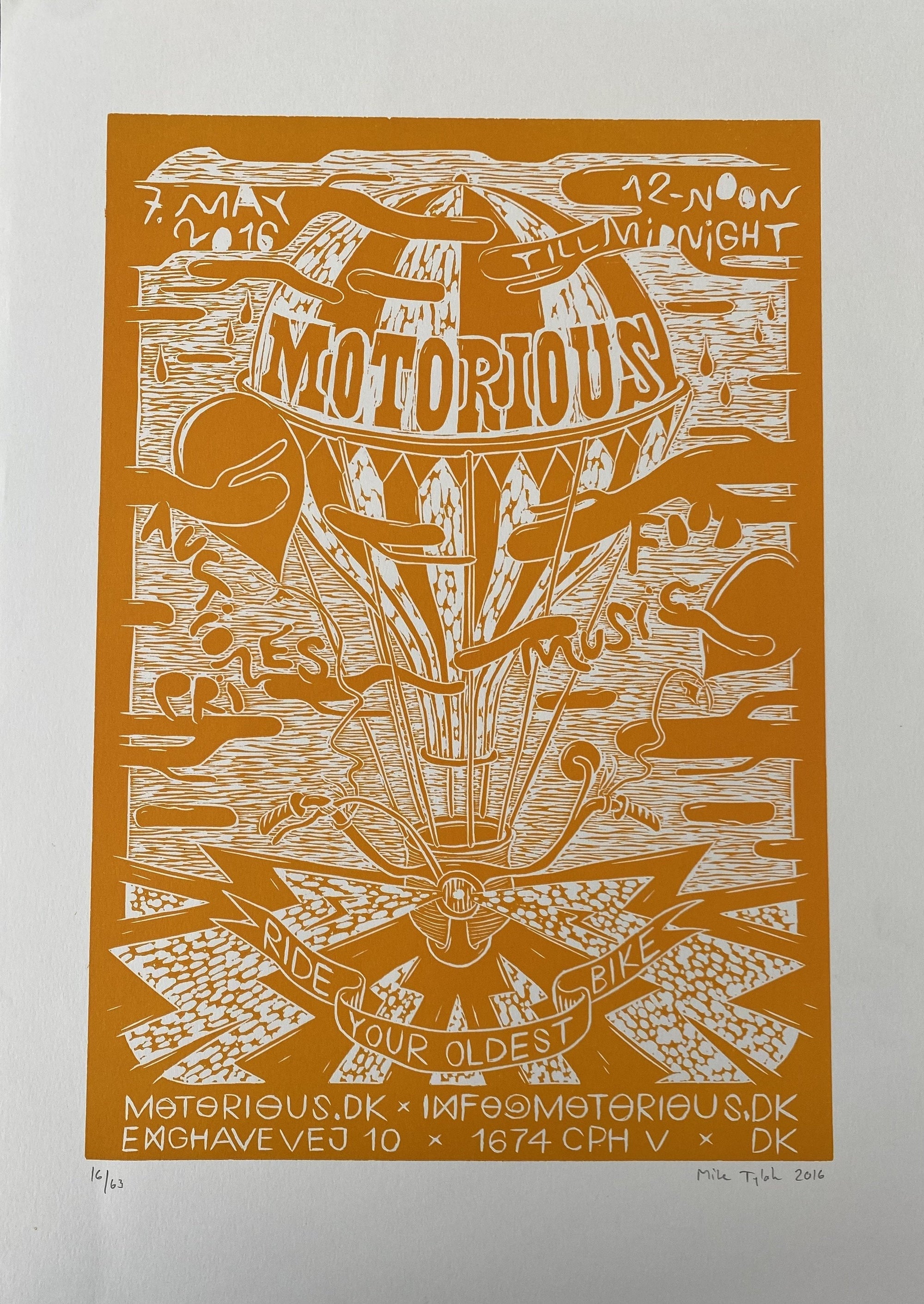 2016 Motorious lino-cut by Mike Tylak, A3 oversize, Yellow on White-Linoleumstryk og Plakater-Motorious Copenhagen-Motorious Copenhagen