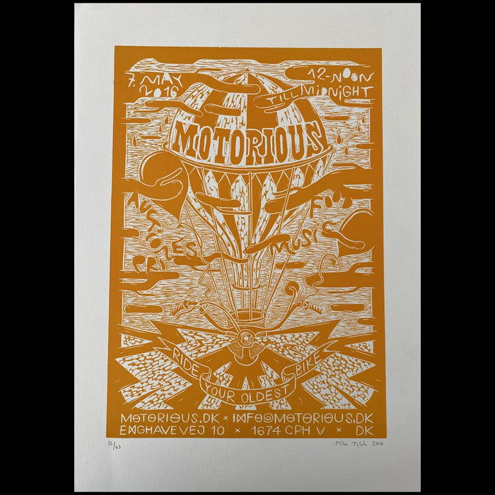 2016 Motorious lino-cut by Mike Tylak, A3 oversize, Yellow on White-Linoleumstryk og Plakater-Motorious Copenhagen-Motorious Copenhagen