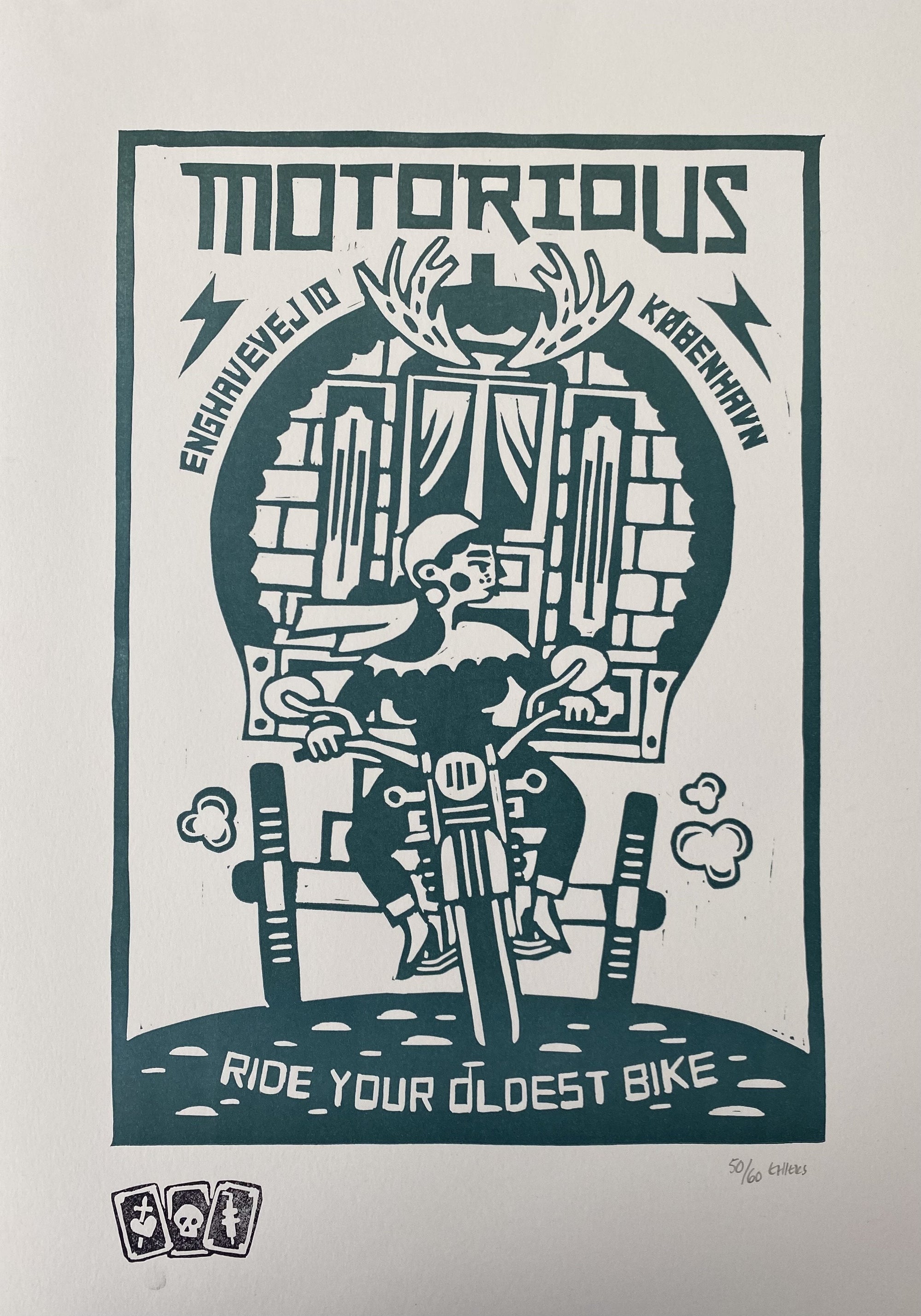 2017 Motorious lino-cut by Mette Ehlers, A3 oversize, Petroleum-Linoleumstryk og Plakater-Motorious Copenhagen-Motorious Copenhagen