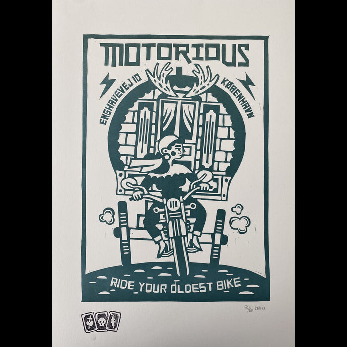 2017 Motorious lino-cut by Mette Ehlers, A3 oversize, Petroleum-Linoleumstryk og Plakater-Motorious Copenhagen-Motorious Copenhagen