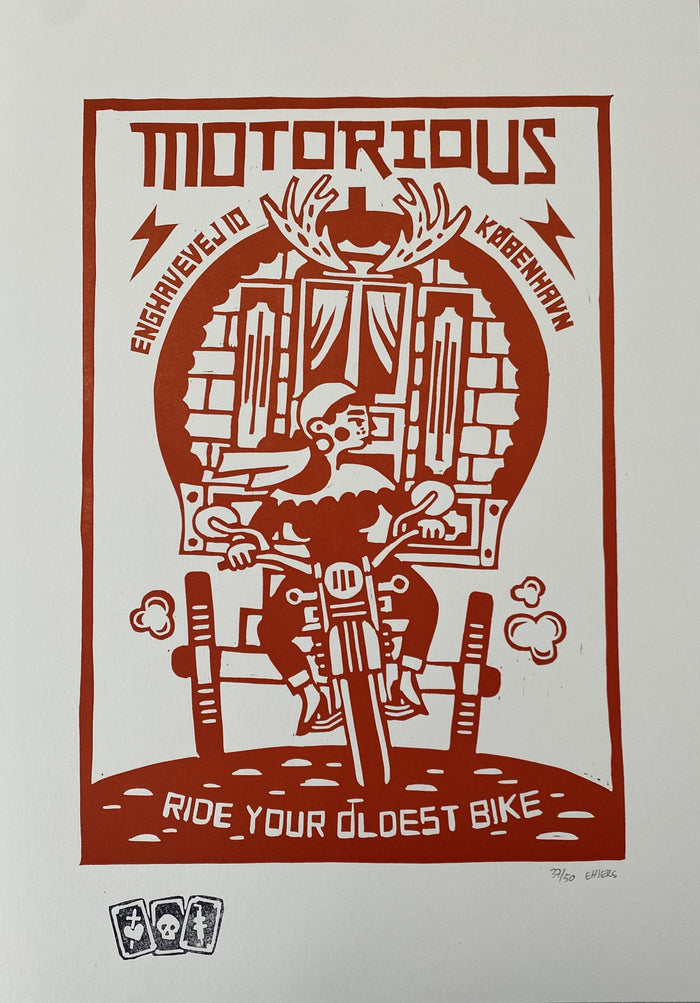 2017 Motorious lino-cut by Mette Ehlers, A3 oversize, Red-Linoleumstryk og Plakater-Motorious Copenhagen-Motorious Copenhagen