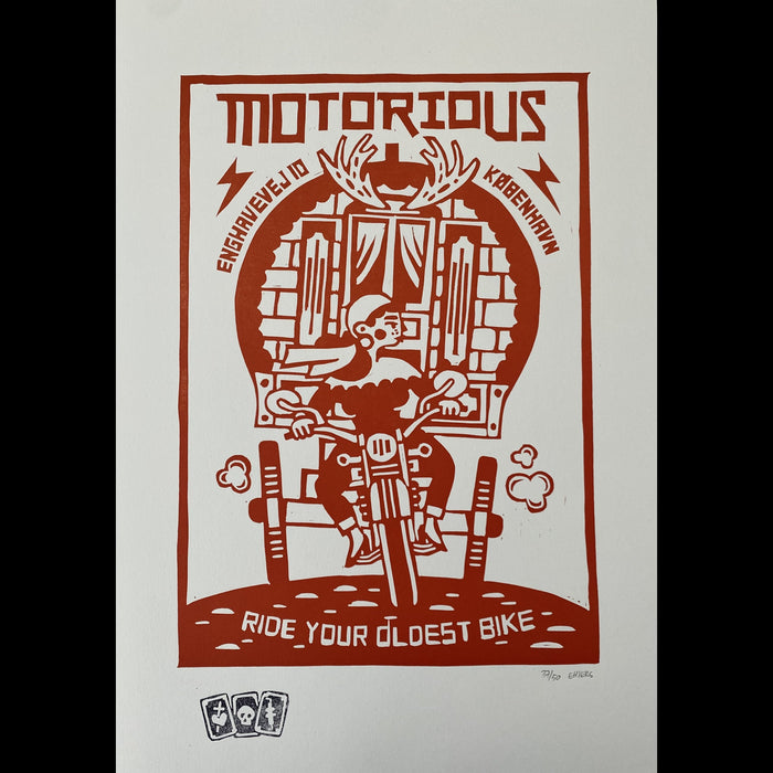 2017 Motorious lino-cut by Mette Ehlers, A3 oversize, Red-Linoleumstryk og Plakater-Motorious Copenhagen-Motorious Copenhagen