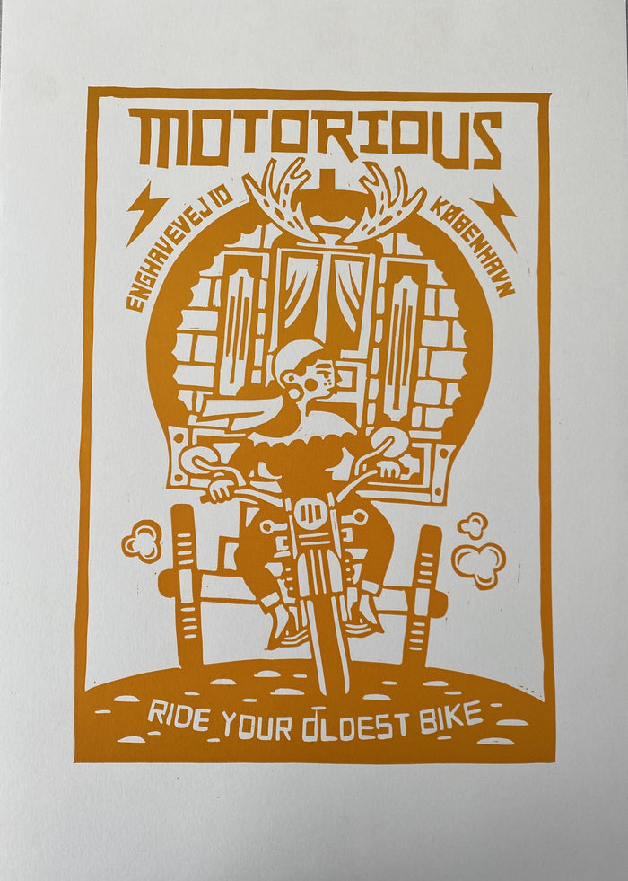 2017 Motorious lino-cut by Mette Ehlers, A3 oversize, Yellow-Linoleumstryk og Plakater-Motorious Copenhagen-Motorious Copenhagen